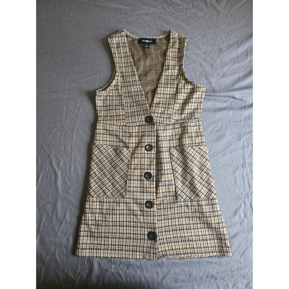 Amy Byer Plaid Houndstooth Button-Front Pinafore Dress - Brown - Girls Size 7